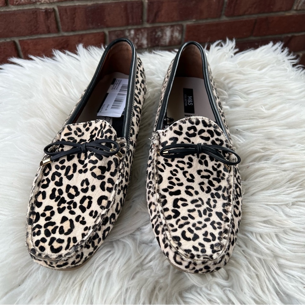 Marks & Spencer NWT Cream & Brown Animal Print Leather Calf Hair Boat Shoes 8W